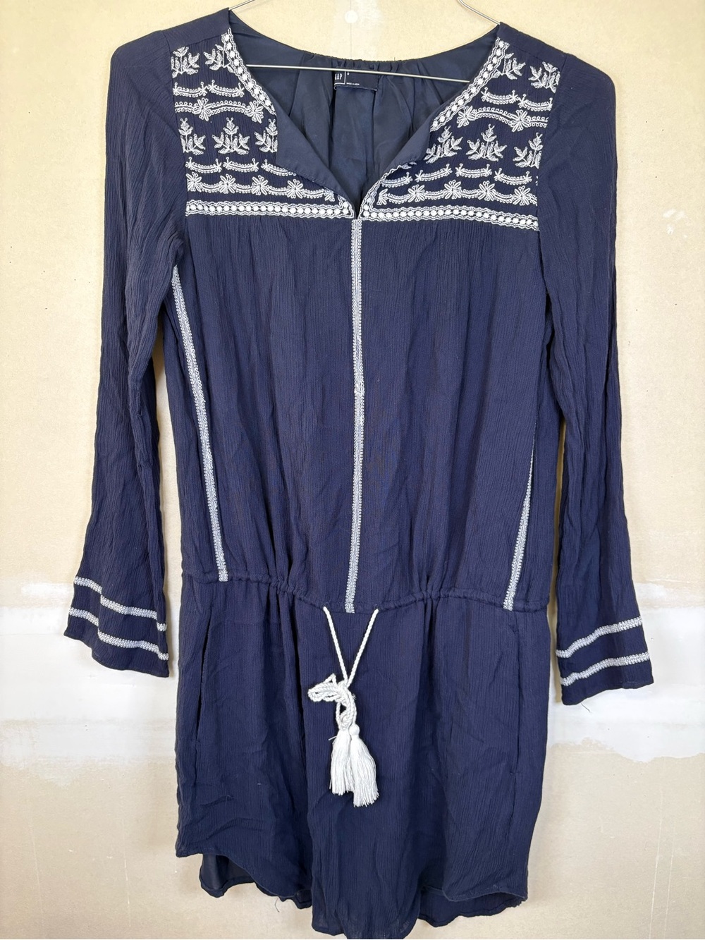 GAP Navy Long-Sleeve Embroidered Tassel Drawstring Dress